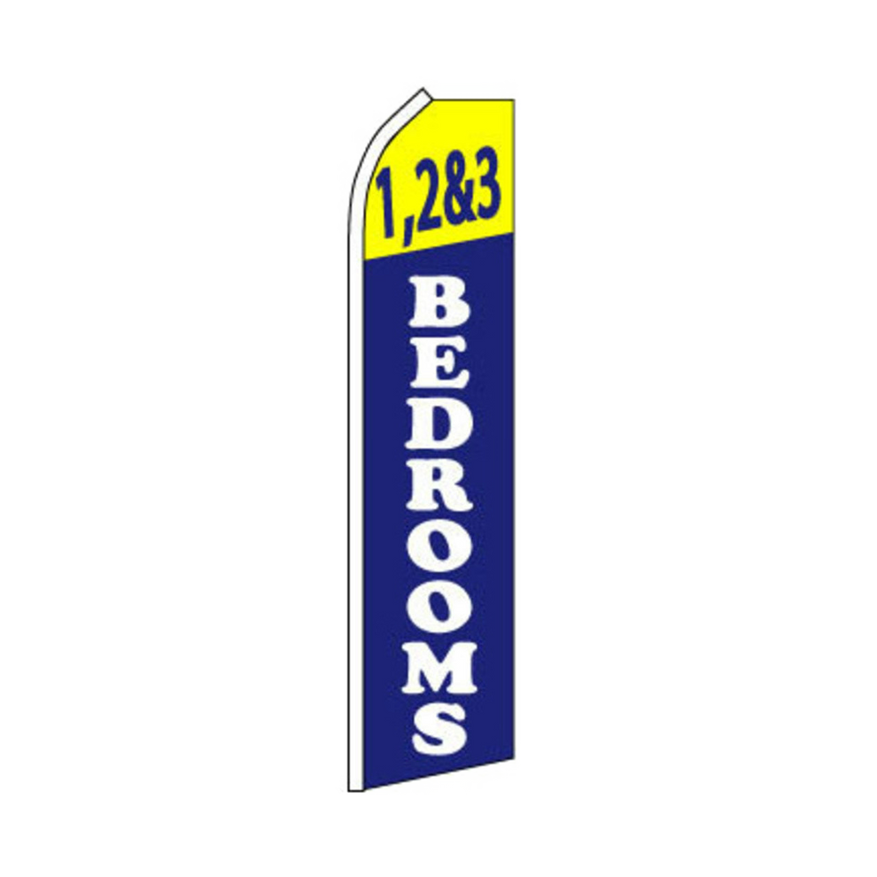 Swooper flag with '1, 2 & 3 Bedrooms' text on a white background