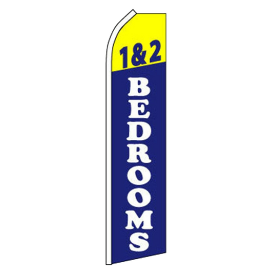 Swooper flag with '1&2 Bedrooms' text on a blue and yellow background