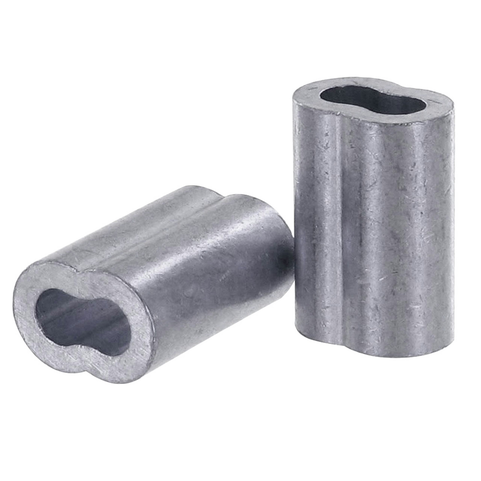 An aluminum cable and rope crimp on a white background