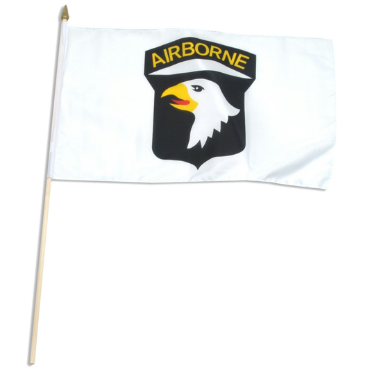 Stick flag with airborne emblem featuring an eagle and 'AIRBORNE' text on a white background