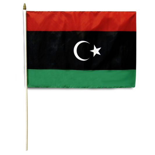 Flag of Libya with red, black, and green horizontal stripes featuring a white crescent and star on a white background.