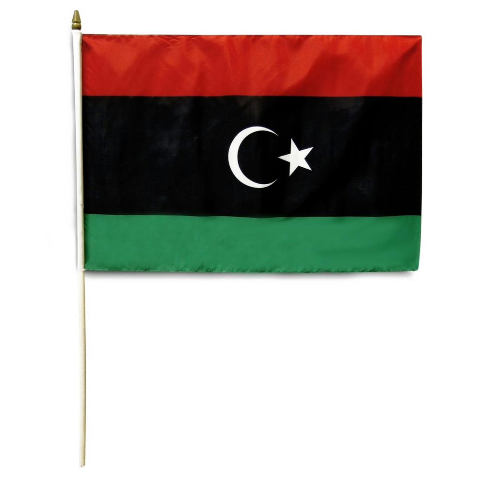 Flag of Libya with red, black, and green horizontal stripes featuring a white crescent and star on a white background.
