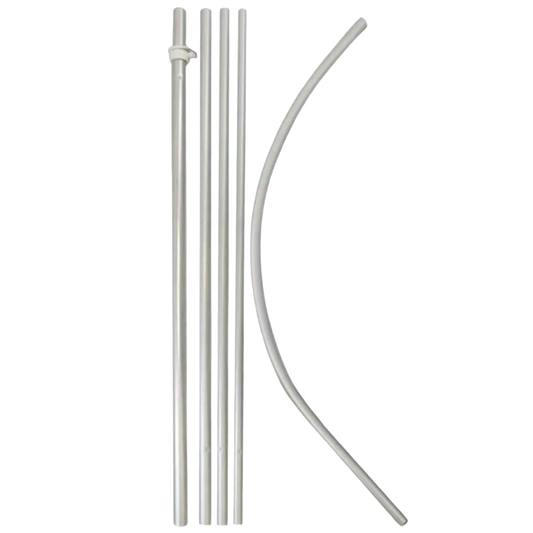 Set of metal rods and a curved tube on a white background