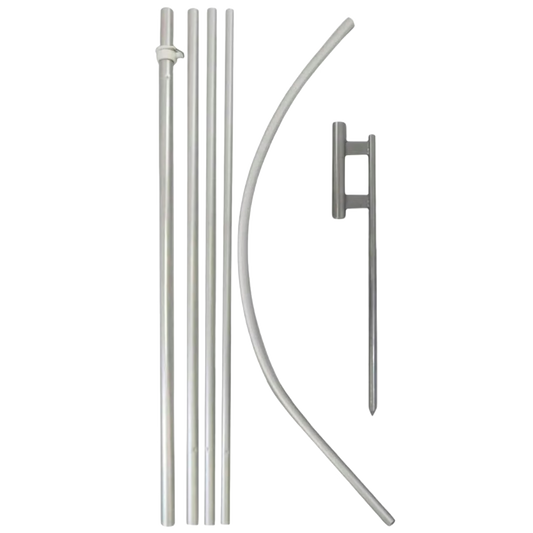 Set of metal components including a curved rod, straight bars, and a latch on a white background