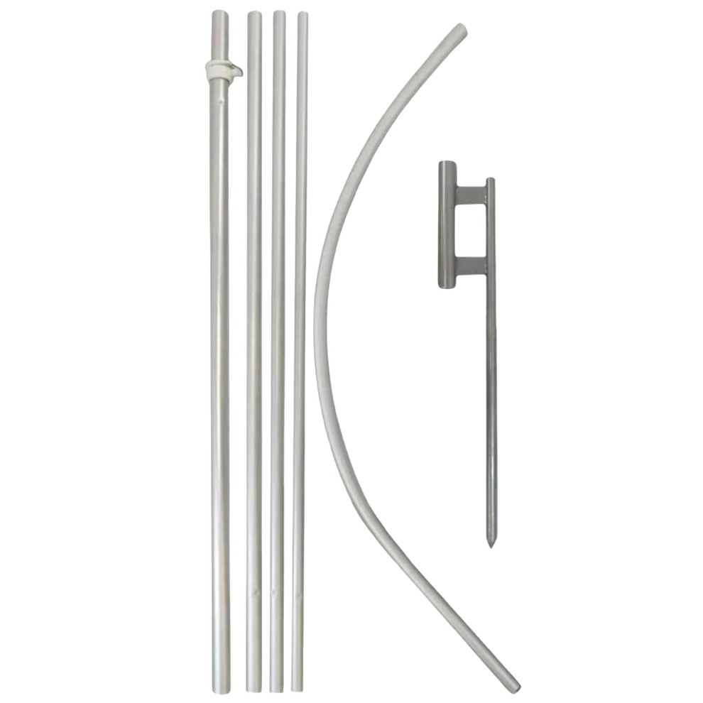 Set of metal components including a curved rod, straight bars, and a latch on a white background