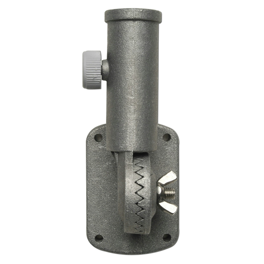 Metal flagpole mounting bracket with adjustable toothed hinge and tightening knob.