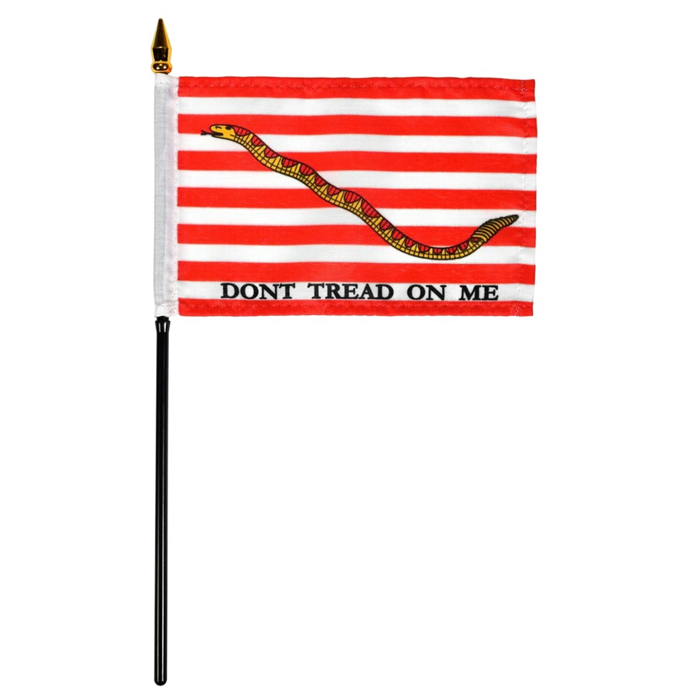 Red and white striped flag with a yellow snake and 'Don't Tread on Me' text on a white background.