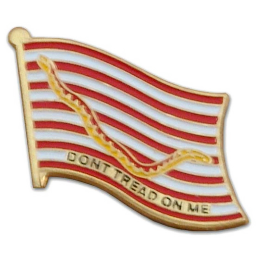 Pin with a red and white striped design and 'Don't Tread on Me' text on a white background