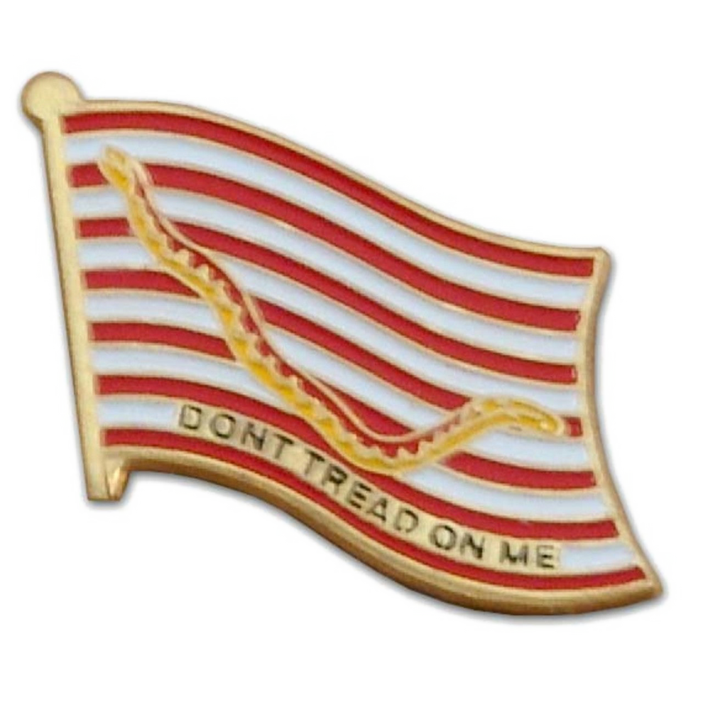 Pin with a red and white striped design and 'Don't Tread on Me' text on a white background