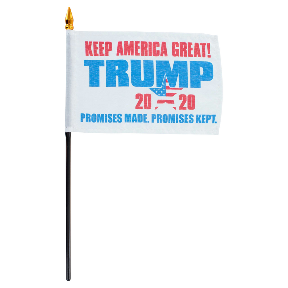 Small flag with 'Keep America Great! Trump 2020' text on a white background