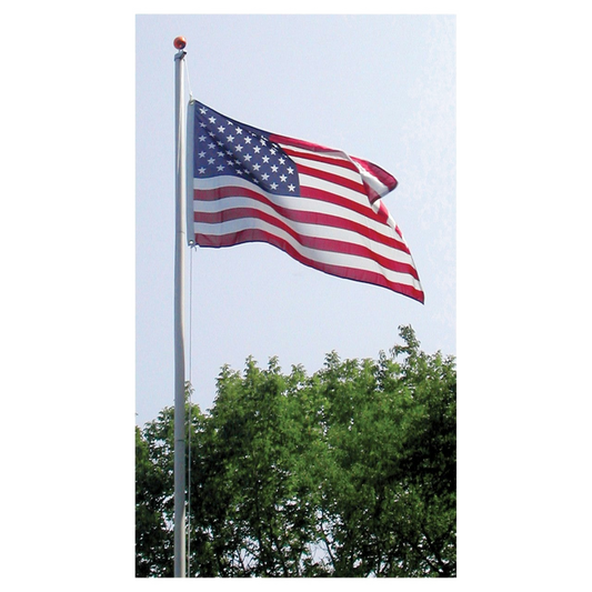 American flag on a pole with trees and blue sky in the background