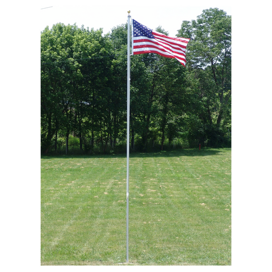 American flag on a flagpole in a grassy area with trees in the background
