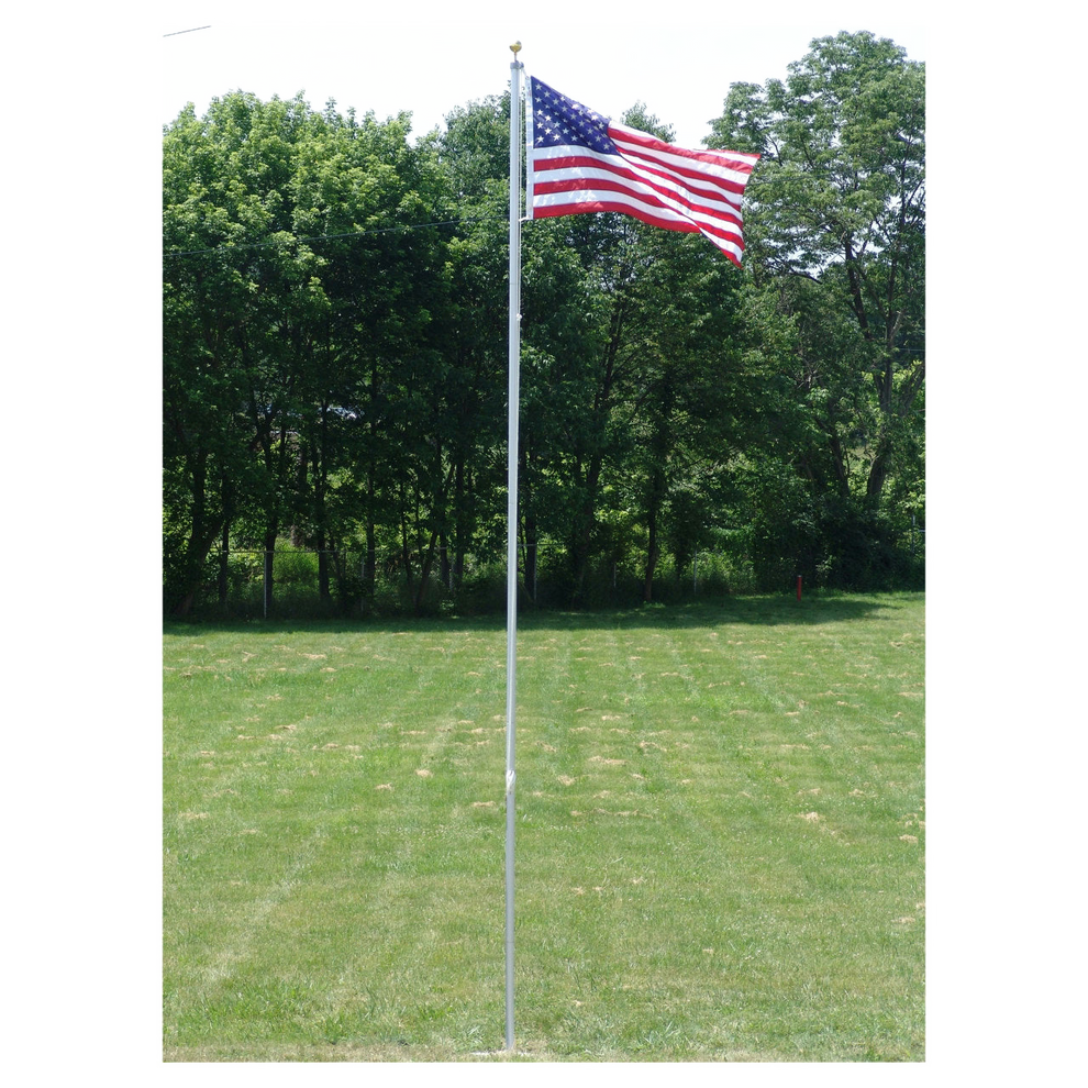 American flag on a flagpole in a grassy area with trees in the background