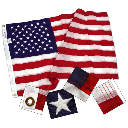 Folded American flag with close-up insets showing grommet, embroidered star, and stitching details.