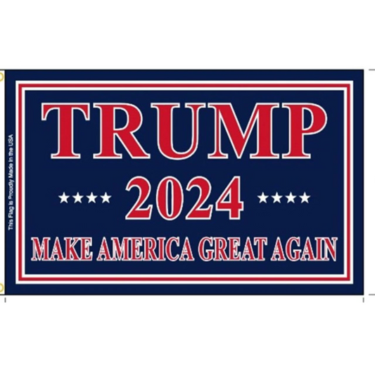 Political campaign banner with 'TRUMP 2024 MAKE AMERICA GREAT AGAIN' text on a blue background.