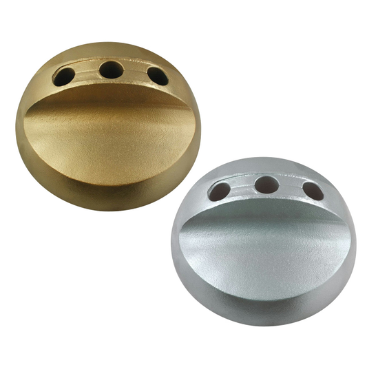 Two three-hole indoor flag bases on a white background with one base gold plated and the other silver plated