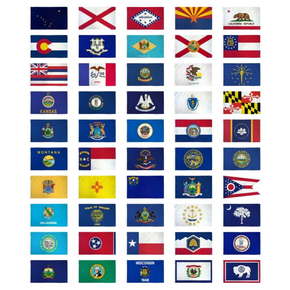 Grid of various state flags from the United States on a white background