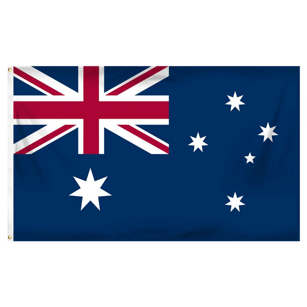 Blue flag of Australia with Union Jack in top left corner and white stars on a white background
