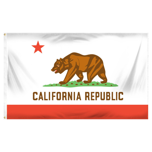 State of California flag featuring a grizzly bear, a red star, and the words 'CALIFORNIA REPUBLIC' on a white background with a red bottom stripe