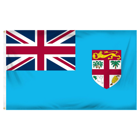 Blue flag of Fiji with Union Jack on the left and Fiji coat of arms on the right against