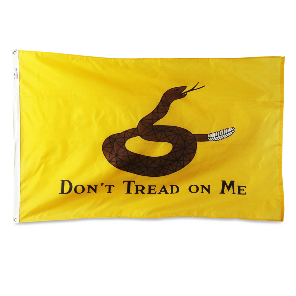 Flag with a snake design and 'Don't Tread on Me' text on a yellow background