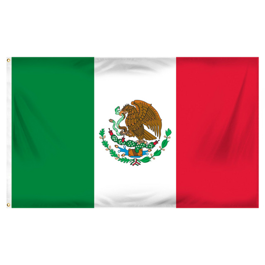 Flag of Mexico with green, white, and red colors and a central coat of arms featuring a bird.