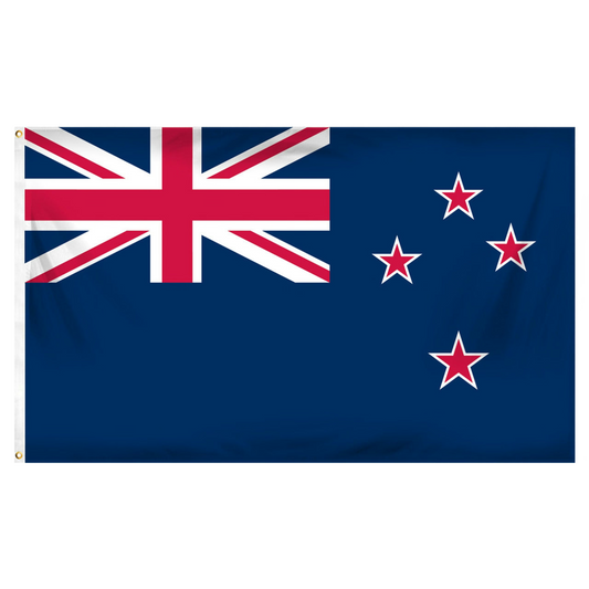 Blue flag of New Zealand with Union Jack and four red stars outlined in white