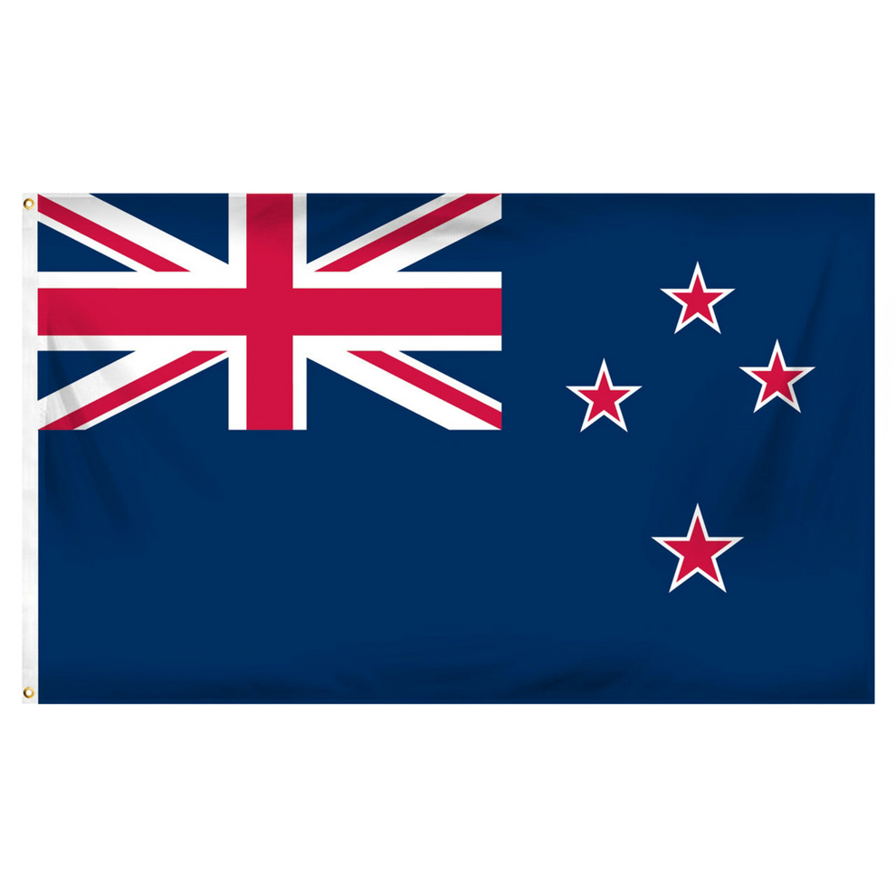 Blue flag of New Zealand with Union Jack and four red stars outlined in white