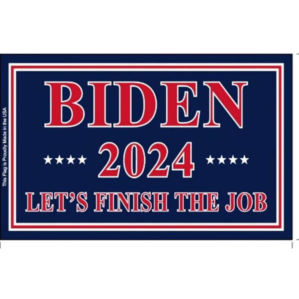 Political campaign flag for Biden 2024 with red, white, and blue colors on a navy background.