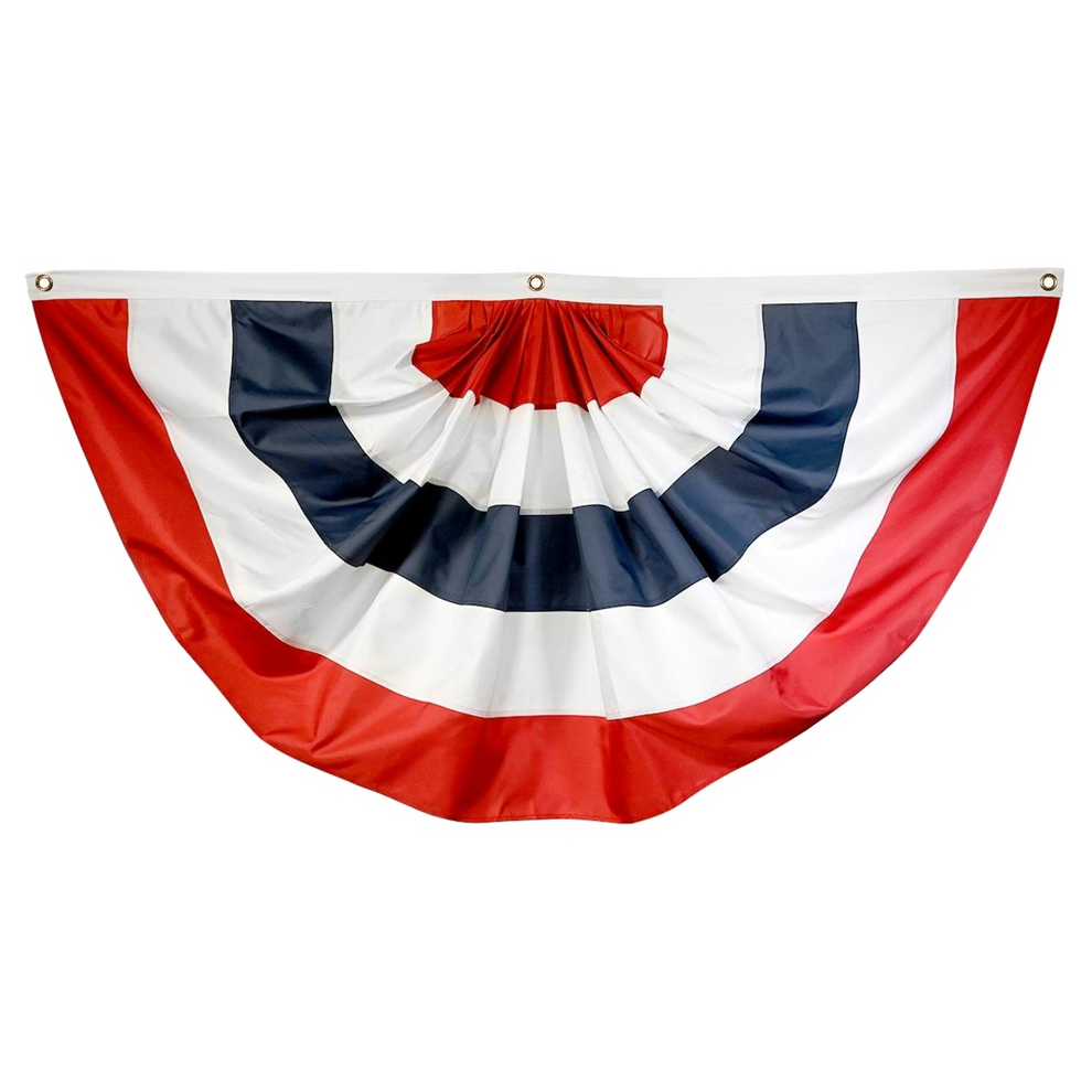 Decorative flag with red, white, and blue circular pattern on a white background