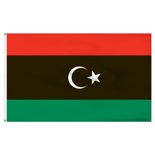 Libyan flag with red, black, and green horizontal stripes featuring a white star and crescent moon.