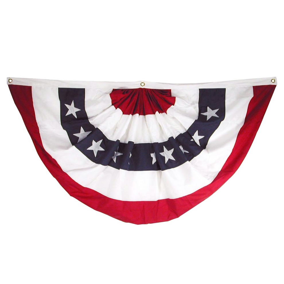 American flag-themed decorative bunting with red, white, and blue colors on a white background.