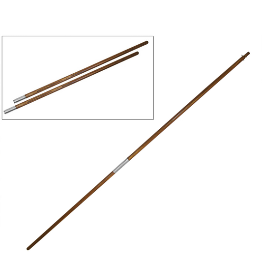 Two images, one of two wood pieces from a flagpole and one of the pieces combined to form a flagpole