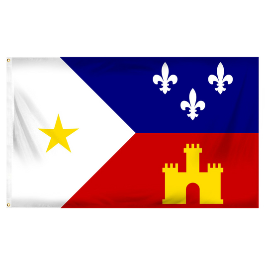 Flag of Acadiana with a white star, blue field with fleur-de-lis, and red field with a gold castle.