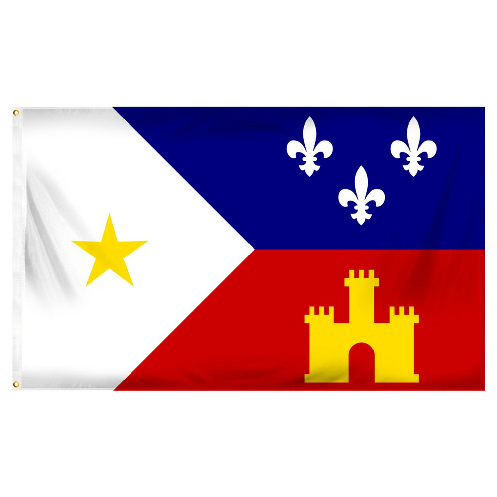 Flag of Acadiana with a white star, blue field with fleur-de-lis, and red field with a gold castle.