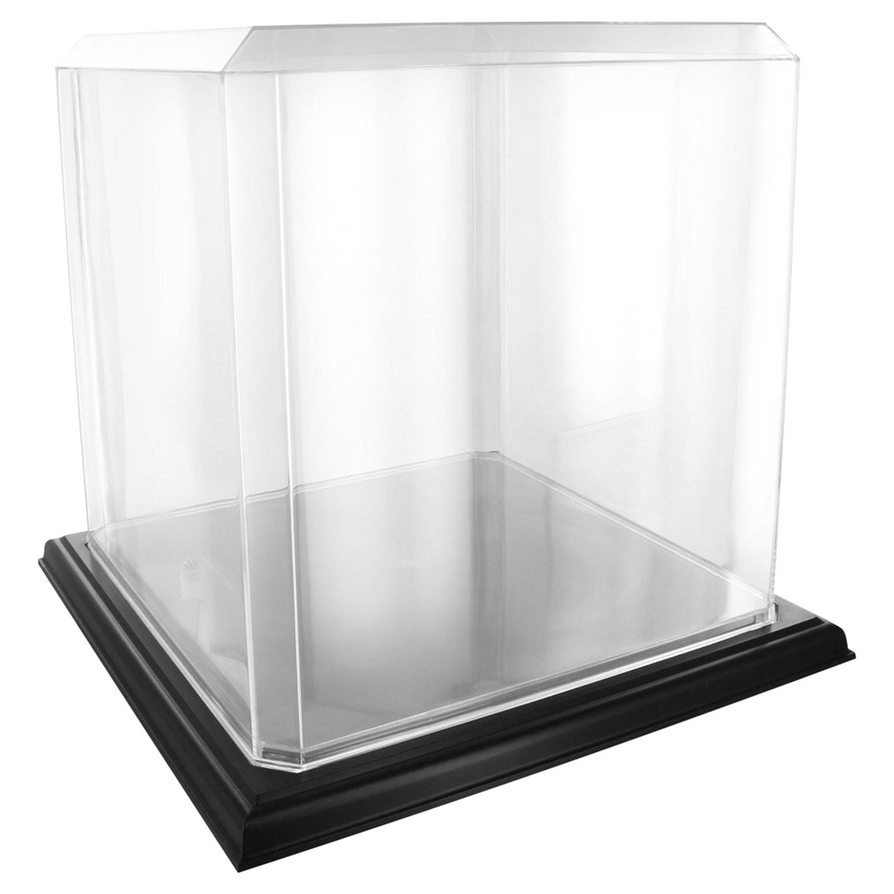 Clear display case with black base on a white background