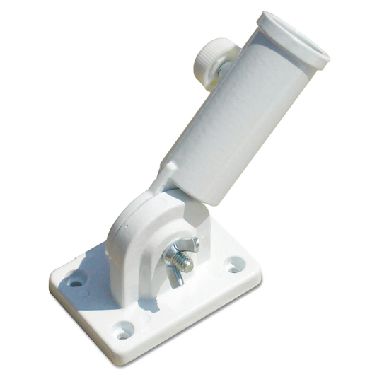 White metal bracket with cylindrical component on a white background