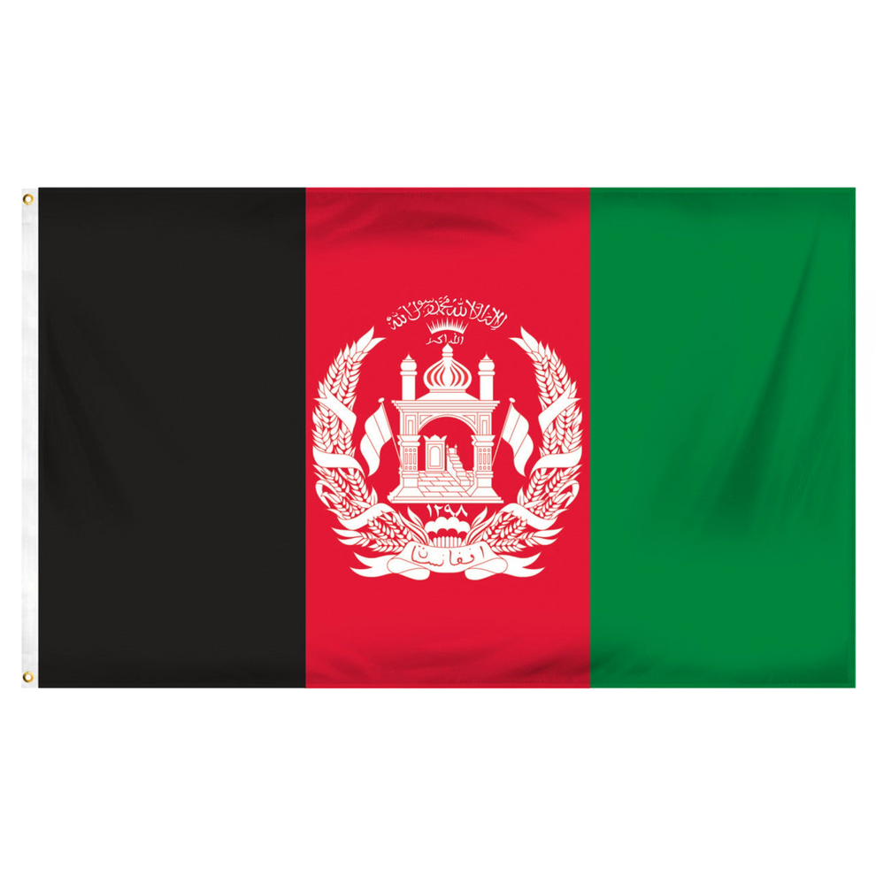Flag of Afghanistan with black, red, and green colors and a white emblem in the center.