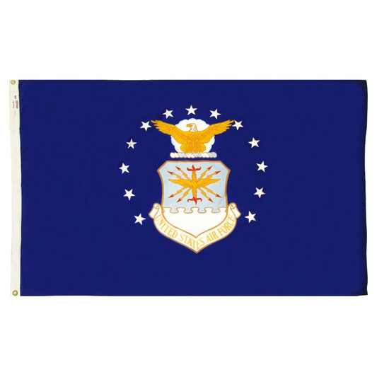 Blue U.S. Airforce flag with an eagle emblem and stars on a blue background