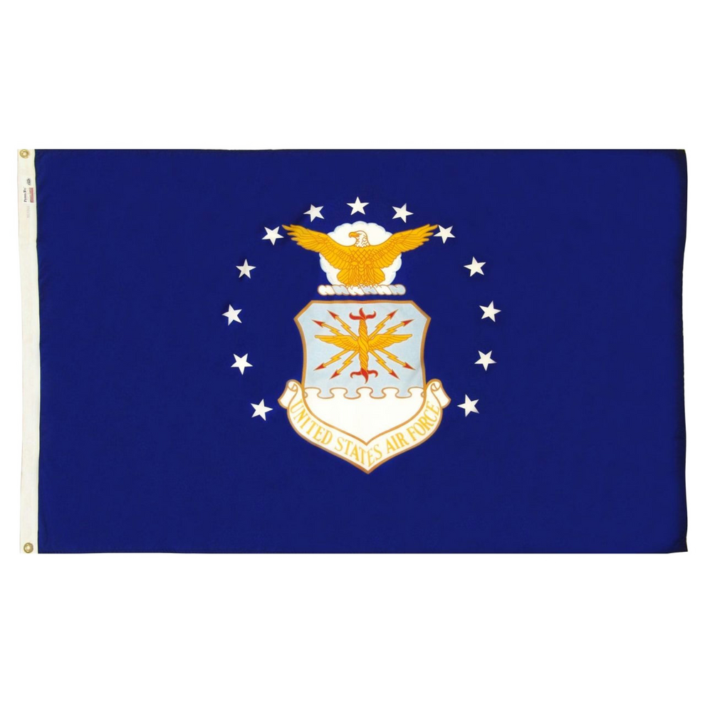 Blue U.S. Airforce flag with an eagle emblem and stars on a blue background