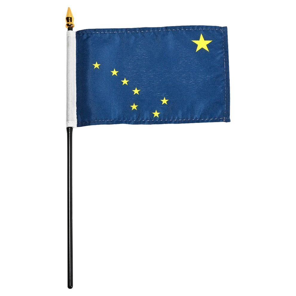 Alaska state stick flag with a blue background and yellow stars