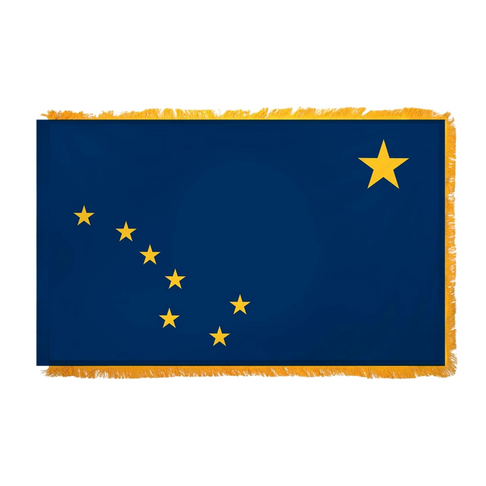 Flag of Alaska with yellow stars on a blue background with yellow fringe