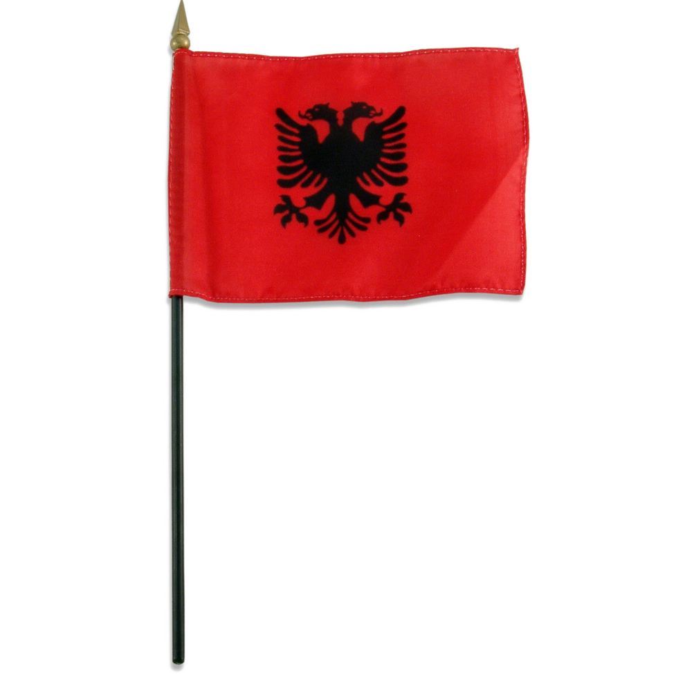 Albania red stick flag with black double-headed eagle emblem on a white background