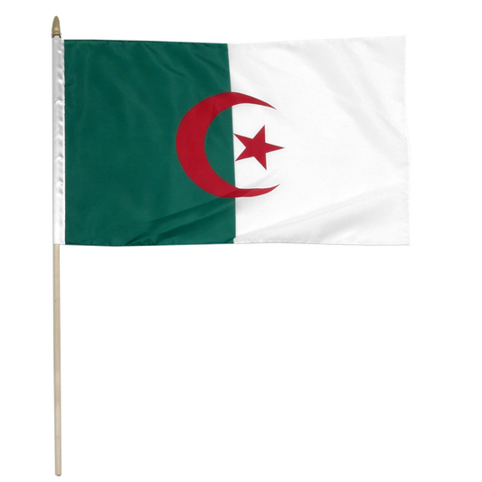 Algerian flag with green and white background and red crescent and star symbol