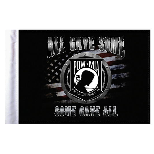 Flag with POW MIA emblem and text 'All gave some, some gave all' on a black background