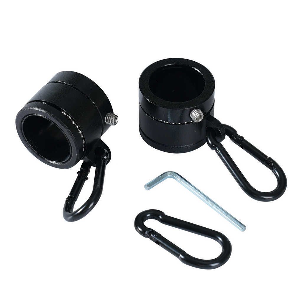 Black flag mounting rings featuring metal clamps with carabiners and a wrench on a white background