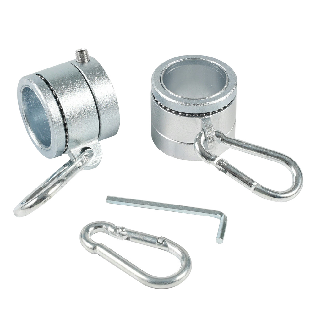 Metallic flag mounting rings featuring metal clamps with carabiners and a wrench on a white background