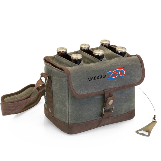 Gray and brown six-pack carrier with 'America 250' logo on a white background