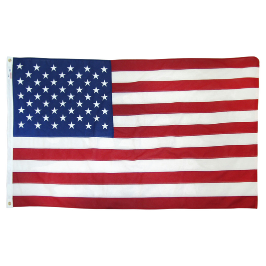 An American flag with red and white stripes and a blue canton with white stars, shown flat against a plain white background.