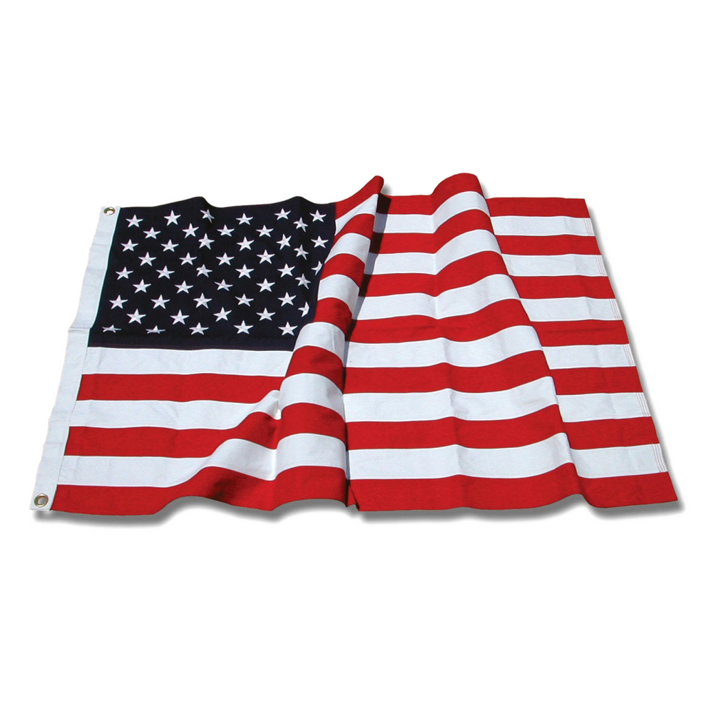 An American flag with red and white stripes and a black canton with white stars, shown laid flat against a plain white background.